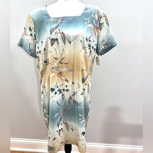 Vintage 90s Cabrais Blue and tan print shift dress size 18 NWT